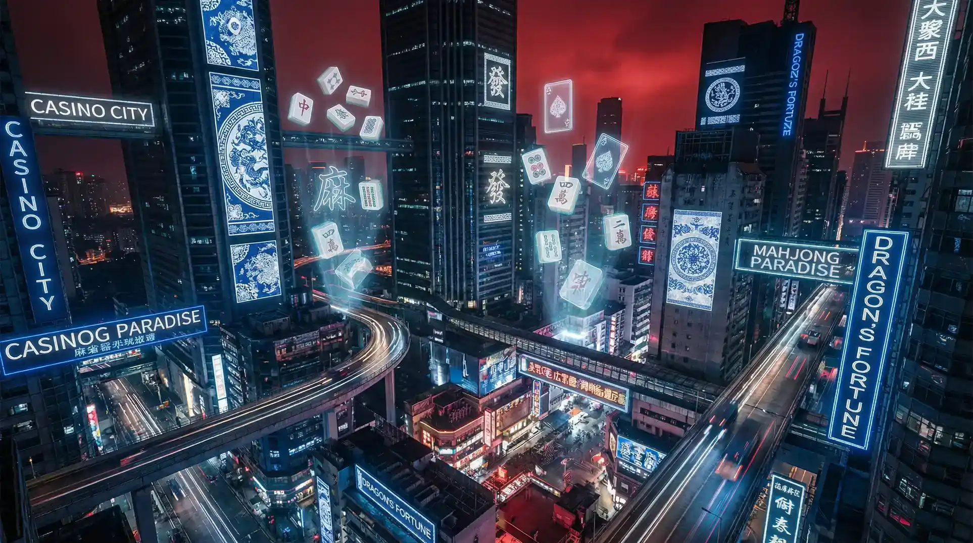 真人棋牌 赛博朋克青花瓷都市夜景全景